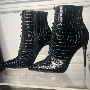 Aldo Croc Print Patent Leather Laced Up Ankle Booties.